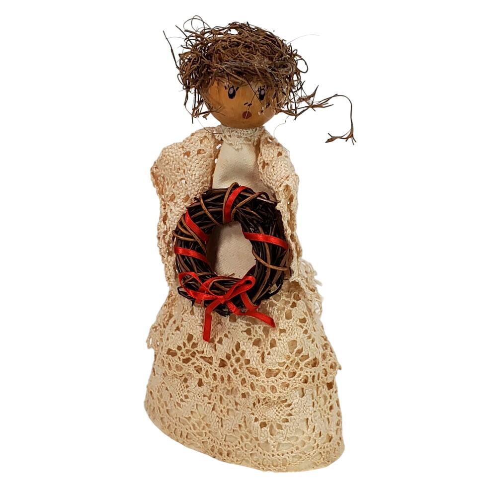 Vtg Angel Figurine 8" Tall Twig Wreath Prim Christmas Holiday Home Decor